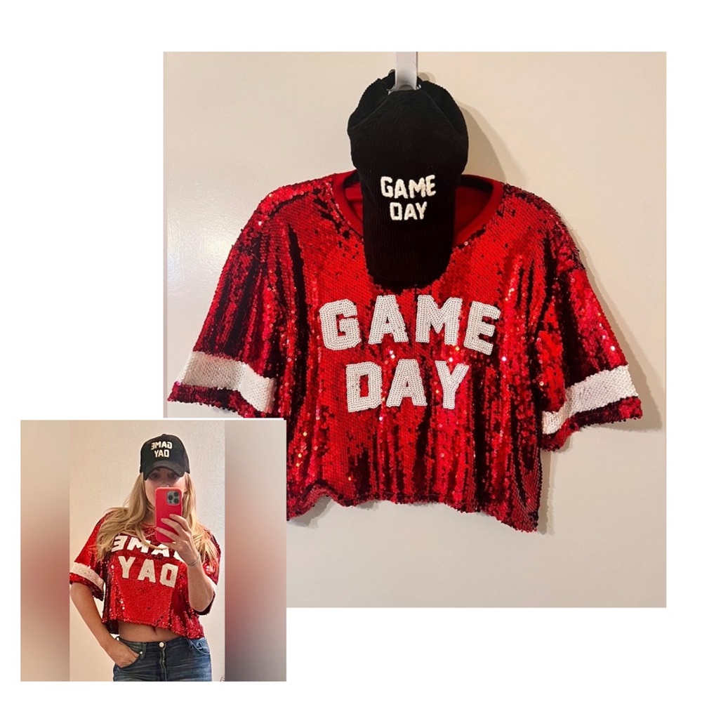 ✨HOST PICK✨GAME DAY RED & WHITE SEQUIN TOP & BLK & WHITE  corduroy cap! NWT